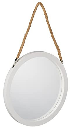 Relaxdays Wandspiegel mit Seil, Ø 35 cm, runder Spiegel zum Aufhängen, Hängespiegel Flur, Bad, Wohnzimmer, weiß/Natur