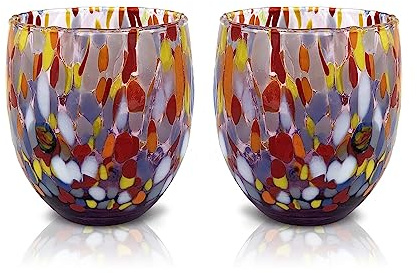 MAZZEGA ART & DESIGN – 2 „Goto“-Wassergläser aus mundgeblasenem Glas mit Murano-Murrine – Die Farben von Murano – Modell „Classic“ 320 ml. Hergestellt in Italien