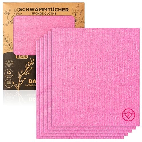 DANIHOME® 5er-Set Premium Schwammtücher in Pink | Vielseitig in Küche und Haushalt | Nachhaltig, Waschbar, Wiederverwendbar | Spüllappen & Geschirrtücher in Einem | Für Sauberkeitsliebhaber