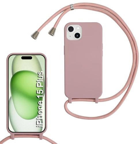 SLWYF Compatible with iPhone 15 Plus Crossbody Lanyard Case, Liquid Silicone Protective Phone Case with Strap Adjustable Neck Cord Necklace Soft Cover for iPhone 15 Plus, Sand pink