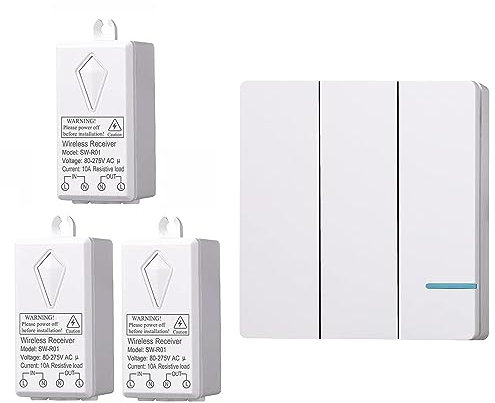 Meichoon IP54 a Prueba de Agua Kit de Interruptor de luz Inalámbrico Control Remoto No se Requiere Cableado en la Pared Programable Fácil de Instalar 1 Interruptor de Tres Vías + 3 Receptores