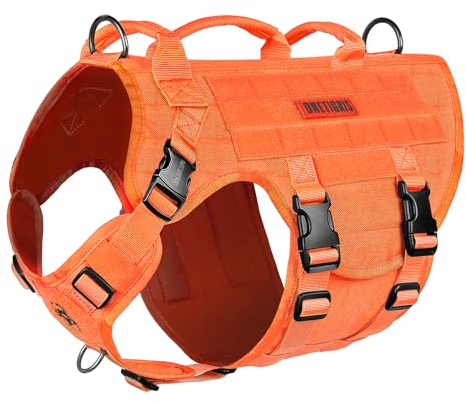 OneTigris Hundegeschirr, X Destroyer Taktisches Einstellbar Antizuggeschirr Ausbruchsicheres Geschirr mit 3 Griffe 2 Metallschnallen Sicherheitsgeschirr (Orange S)