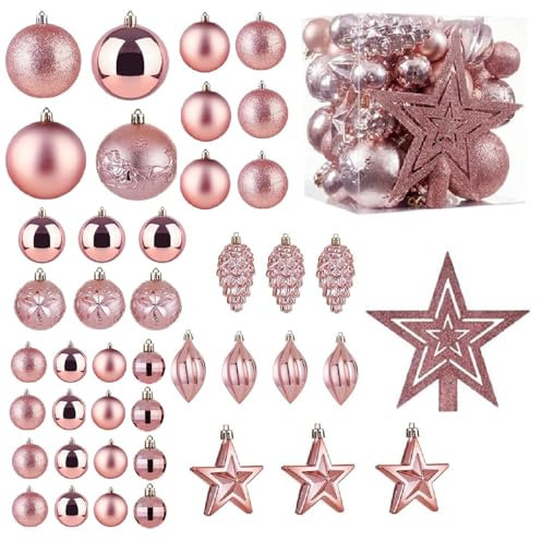 Christmas Ball Baubles Decoration Tree Ornaments including Balls Stars and a Tree topper Shatterproof Xmas Hanging 43 Pieces Set Home Office Outdoor indoor (Baby Pink)