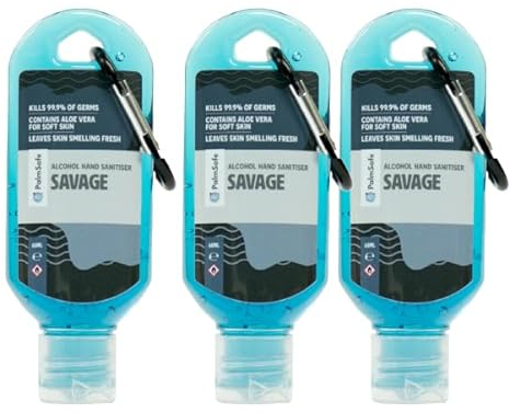 Palm Safe Savage 3 Pack 60ml Anti Bacterial Premium Hand Sanitiser Travel Size Refillable Clip Bottle Quick Drying Non Sticky Extra Moisturising Kills 99.9% of Viruses and Bacteria