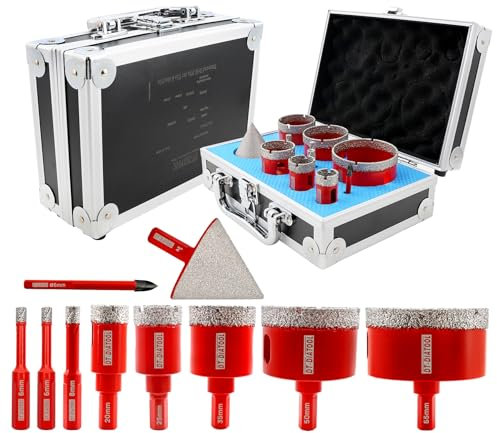 DT-DIATOOL Diamantbohrer-Set, 11-teilig, 6/6/8/20/25/35/45/50/65 mm + 6 mm Hartmetall-Positionierungsbohrer mit Dreieckschaft + 50 mm Sechskantschaft, Fasenbohrer für Porzellan, Fliesen, Keramik,