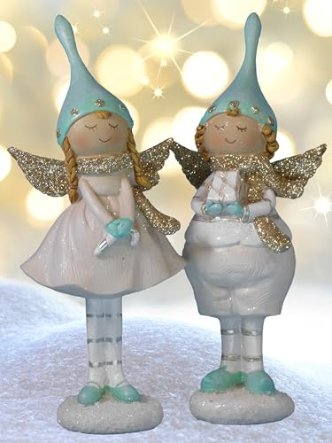 Pommerntraum ® | 2-ER Set Elfen Engel Schutzengel Engelchen Nana Engel Weihnachtsengel Weihnachtsfiguren Dekorationsfiguren Schreibtischfiguren (mintgrün mit Gold)