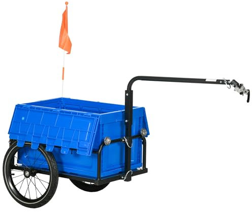 HOMCOM höhenverstellbarer Fahrradanhänger mit 65L Kunststoff-Staufach, Flagge, Reflektoren und Reflexstreifen, Fahrradanhänger aus Stahl, 145x61x76/81 cm, blau