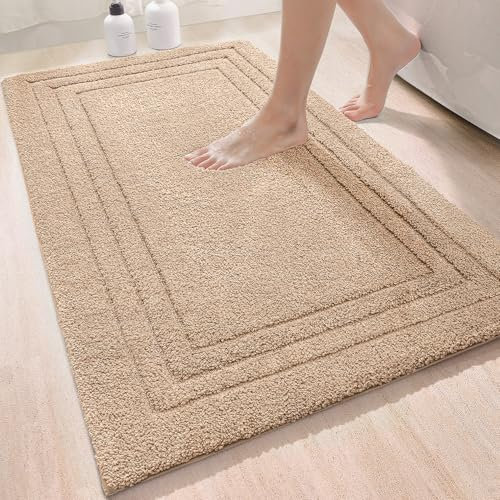 DEXI Tapis Salle de Bain Antiderapant 60 x 110 cm, Microfibre Moelleux et Absorbante, Doux et Confortable, Lavable en Machine, pour Douche, Baignoire, Toilettes, Beige