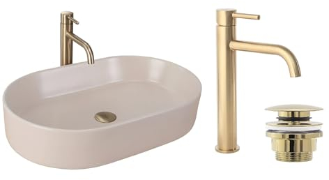 GTM Design Aufzatzwaschbecken mit Armatur - Waschbecken mit Hahn - Waschbeckenarmatur Gold - Aufzatzwaschbecken Oval - Waschbecken Beige Matt - Aufsatzwaschbecken mit Armatur komplett Set