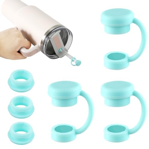 3pcs Spill Stopper with 3pcs Straw Cover for YETI, Silicone Leak Proof Straw Topper Cover Caps BPA Free Compatible with YETI Straw Cups Tumbler Mug Accessories (Cyan)