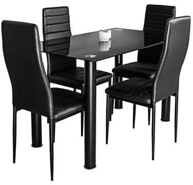 S & S Saldos y Stocks Mesa de Cristal Templado + 4 Sillas Polipiel. Comedor o Cocina, Negro
