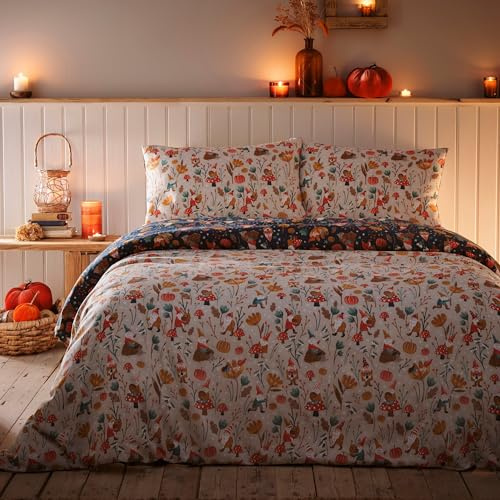 Fusion Bettbezug Autumn Gonks & Woodland, Kingsize-Größe (230 x 220 cm), wendbares Design, festlicher Gonk mit Wildpilz und Kürbis, Marineblau/weiß, Herbstbettwäsche, Natur