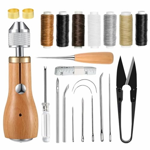 23 Stück Leder Nähset, Tragbares Nähahlen-Set aus Leder mit geraden, gebogenen Nadeln, Rollen, gewachsten Fäden, kleinem Schraubendreher, Garnschere, Nadeleinfädler, Maßband für DIY Handwerk