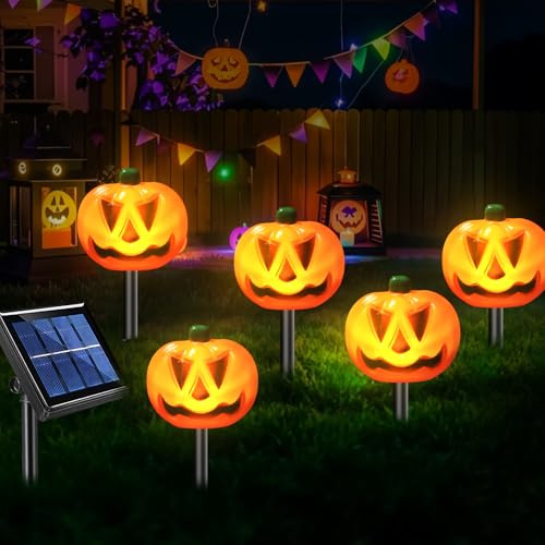 Lergas Halloween Deko Kürbis Solarlampen für Außen Garten, 5 Stück Halloween Deko Outdoor Kürbis Solarleuchten, Wasserdicht Kürbis Solarlampen für Halloween Deko Garten, Rasen, Patio, Party Deko (A)