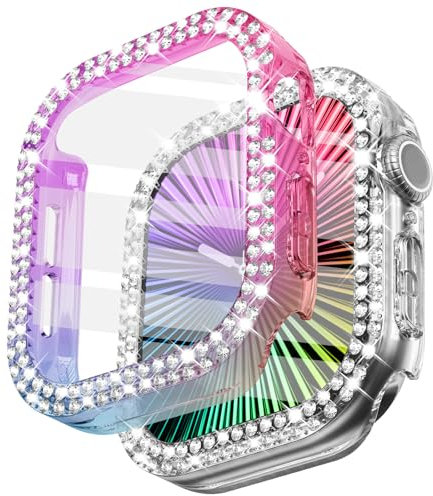 WINGLE 2 Stück für Apple Watch Serie 10 Displayschutzfolie 42 mm Bling Hülle für Frauen, Glitzer Diamant Strass Gesichtsabdeckung für iWatch 42 mm Apple Watch 10 42 mm Displayschutzfolie, schillernd /