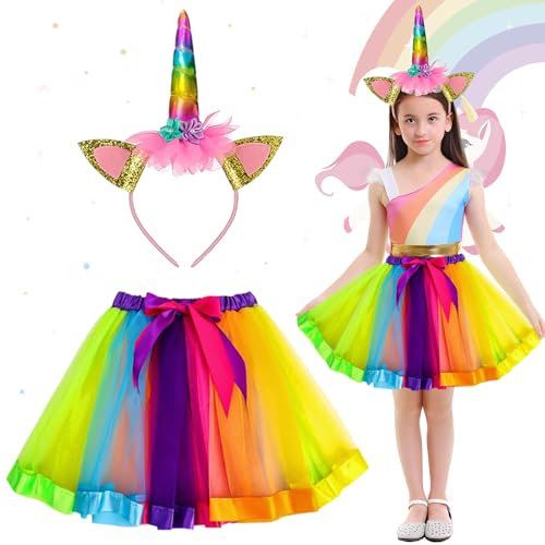 2Pcs Deguisement licorne fille, Déguisement de Licorne pour Fille, Serre Tete Licorne Tutu de princesse licorne pour filles, Coiffe de Licorne, pour Carnaval Fête Anniversaire Cadeaux pour Filles