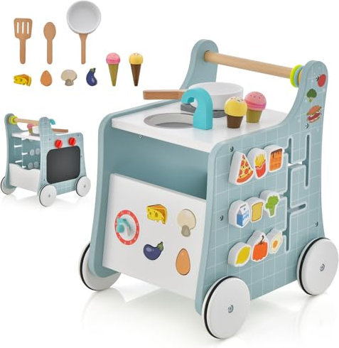 GOPLUS Chariot de Marche Bebe, 6 en 1 Trotteur Bois Centre d'Activités avec Jouet de Cuisine, Curseur Mobile, Horloge Pédagogique, Trotteur Bébé Garçon Fille avec Roues (Bleu)