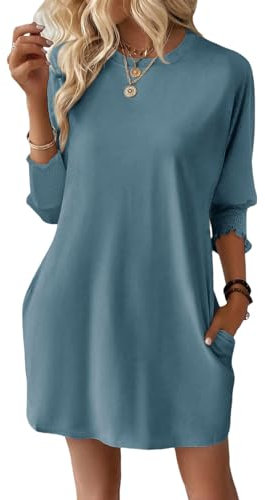 Dokotoo Womens Dresses Summer 2025 Fashion 3/4 Sleeve Elastic Smocked Crewneck with Pockets Solid Color Spring Casual Women's Mini Dress Stone Blue 2XL