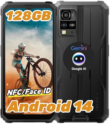 Blackview Android 14 Rugged Smartphone con Gemini AI, 12(4+8) GB+128GB/2TB Espandibile/Octa core, 6.56'' HD+ Telefono Indistruttibile NFC, Fingerprint/Face ID/Dual 4G SIM/GPS Cellulare Robusto/IP69K