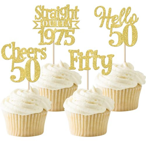 24 Stück 50th Geburtstag Tortendeko Glitzer Straight Outta 1975 Cupcake Toppers Fifty Hello 50 Kuchen Deko für Prost auf 50 Jahre Geburtstag Hochzeit Jahrestag Party Kuchen Dekoration Gold