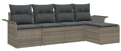 vidaXL Garten-Sofa-Set mit Kissen 5 pcs Grau Poly Rattan, Garten und Terrasse, modernes, modulares Outdoor-Sofa, verstellbare Füße, Rattan-Sitzgruppe, wetterfest