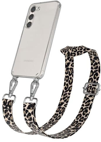 EAZY CASE Handykette - Verstellbares Taschenband kompatibel mit Galaxy S23, Schulterriemen, Handykordel mit Silikon Hülle, Umhängetasche, Leo - Schwarz Beige Silber