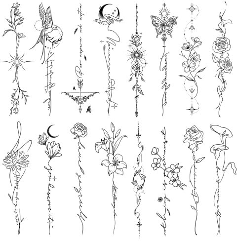 VelvetGlow 16 Piece Minimalist Line Art Temporary Tattoos, Realistic Floral and Word Designs for Women and Girls, Waterproof and Durable, Ideal for Arm, Back and Leg