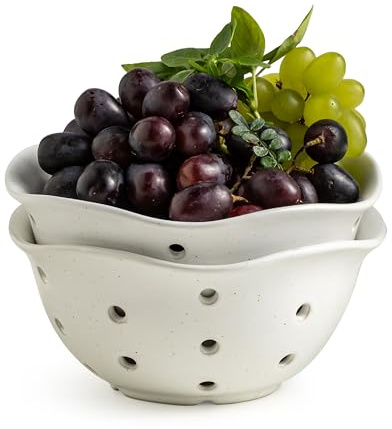 Gomakren Ceramic Berry Basket Set of 2, Rustic Fruit Basket Container 6 Inch, Fruit Bowl with Holes for Kitchen, Berries, Strawberry, Grape, Cherry, Floral Shape - Cream White