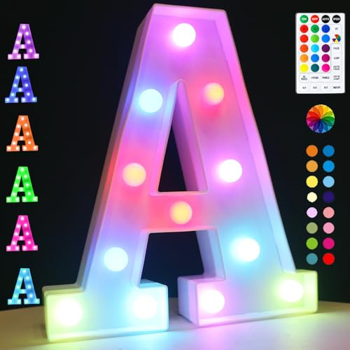LED Buchstaben Lichter Alphabet, 18 Farblich Veränderbar Led Leuchtbuchstaben mit Fernbedienung Timer Nacht Lichter, Dekoration für Geburtstag Party Weihnachten Hochzeit Kinderzimmer - Buchstaben A