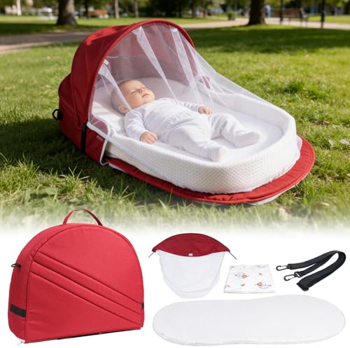 Verdego Reisebett Baby 34x84x10cm, Baby Reisebett 2 in 1 Klappbarer, Kinderreisebett mit Moskitonetze, Matratzen, Wickeltuch, Portable, Atmungsaktives, Travel Krippe für Reisen & Zuhause(Rot)