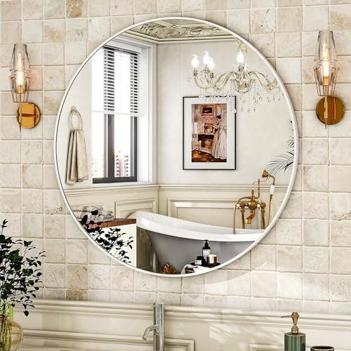BEAUTYPEAK 80 cm Runder Spiegel, Wandspiegel mit Weiß Aluminiumrahmen | Rund Bruchsicherer Badezimmer Spiegel zum Aufhängen und Anlehnen, Wandspiegel für Schlafzimmer, Bad, Wohnzimmer, Tischspiegel