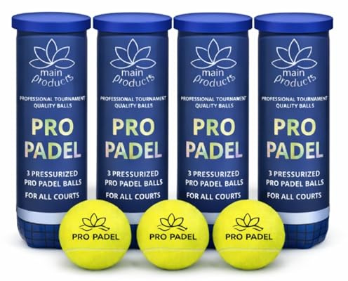 Main Products Pro Padel Balls - 4 Pack (12 Balls) - Pressurized Padel Balls - Premium Natural Rubber Core - 47% Wool Felt - Professional Tournament Quality - Consistent Bounce - for All Courts.