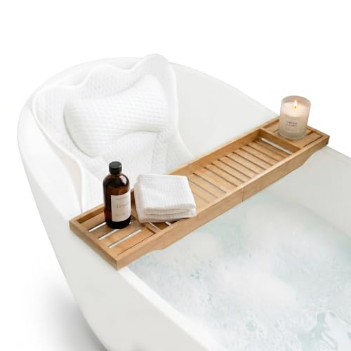 Foxence Restore Bath Pillow & Bamboo Bath Tray Set | Luxury Bathtub Tray, Ergonomic Head, Neck & Back Support Cushion, 6 Non-Slip Suction Cups, Fits Most Baths