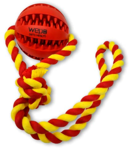 WEPO Kauspielzeug Hund Rot Ø7cm - Ball am Seil - Wurfball für Hunde - Dog Toys - Interaktives Hundespielzeug mit Zahnpflegefunktion - Als Zieh-, Wurf- & Kauspielzeug - Strick Gelb/Rot