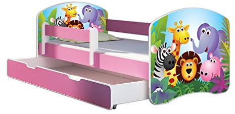 ACMA Kinderbett 70 x 140 cm mit Bettkasten, Matratze & Lattenrost – Jugendbett mit Rausfallschutz, personalisiertes Motiv 01 Zoo - Rosa, Mädchenbett ab 3 Jahren, belastbar bis 120 kg
