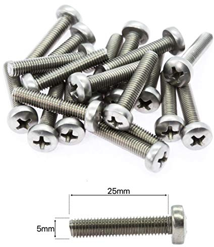 M5 (5mm x 25mm) Phillips Pan Head Machine Screws - Stainless Steel A2 (Pack of 20) DIN 7985