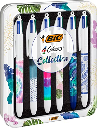 BIC 4 Couleurs Décors Messages ou Collection Botanique et Tie and Dye - Stylos-bille Pointe Moyenne (1,0 mm) - Designs Assortis Aléatoires, Rouge, Boîte Réutilisable de 6
