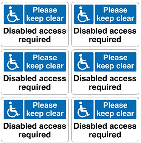 Pack of 6 Please Keep Clear. Disabled Access Required Signs. 120mm x 80mm Self Adhesive Stickers. Ideal for garages, driveways etc.