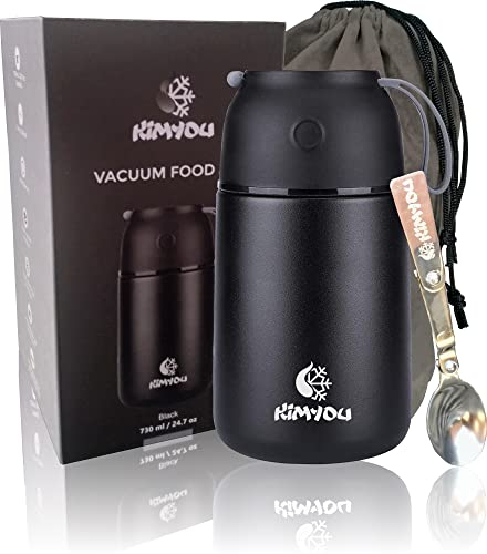 Kimyou Modern Elegant 730ml Stainless Steel Vacuum Insulated Thermal Food Container | Hot & Cold Food Flask | Soup Flask | Soup Container | Vacuum Flask with Bag, Brush & Spoon - Black