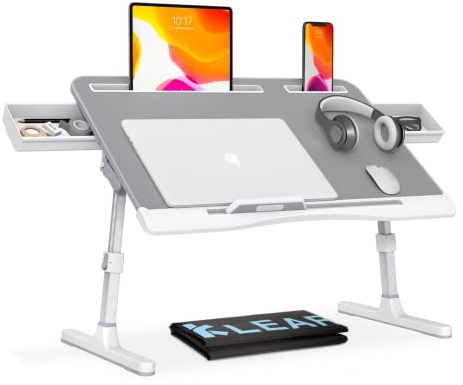 KLEAR Scrivania pieghevole per laptop con borsa extra con coulisse, tavolo regolabile per laptop con altezza e angoli, scrivania per mangiare, lavorare, scrivere, giocare, disegnare con 2 cassetti