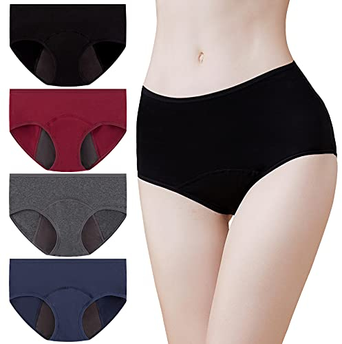 Momoshe Menstruationsunterwäsche Starke Blutung Damen Perioden Unterwäsche 4er Pack Baumwolle Unterhosen Menstruation Slip Period Panties Auslaufsicher Schwarz Dunkelgrau Weinrot Marine XS