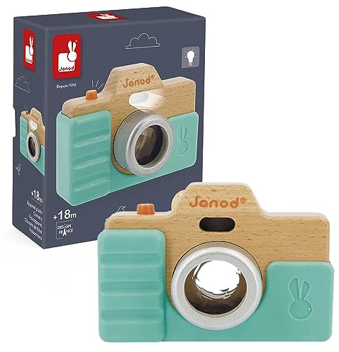 Janod - Appareil Photo Premier âge - Jouet d'Imitation en Bois - Sonore et Lumineux - Jouet d'éveil Stimuation des Sens et Motricité - Coque Silicone - Peinture à l'Eau - Dès 18 Mois, J05381