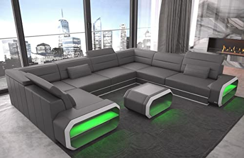 Wohnlandschaft Verona Ledersofa U Form Sofa - mit LED Beleuchtung, verstellbare Kopfstützen/Lederfarben wählbar/Ausrichtung wählbar (Lange Seite rechts, Grau-Weiß)