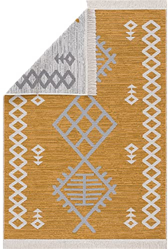 Pasha Home Teppich Läufer 160x230 cm Prag/Boho Teppich aus Baumwolle/Teppich für Wohnzimmer, Schlafzimmer, Küche, Bad, Kinderzimmer/Teppich Boho Style wendbar/Teppich Läufer senfgelb-grau