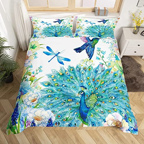 Pfauen-Bettwäsche-Set mit Kolibri, Libelle, Bettdeckenbezug, Blumen, Vögel, für Mädchen und Frauen, marineblau, florale Tiere, frische Natur, Bettbezug mit 1 Kissenbezug, Einzelgröße