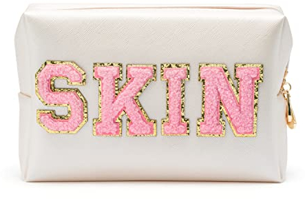 PANTIDE Schale Gold Preppy Aufnäher Haut Kulturtasche Rosa Skin Brief PU Leder Tragbar Wasserdicht Kosmetiktasche Portemonnaie Lagerung Reisen Kosmetiktasche für Frauen Mädchen Geschenk Party Zubehör