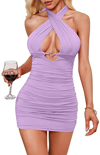 BORIFLORS Mini robe de soirée moulante dos nu froncée pour femme, violet, Taille S