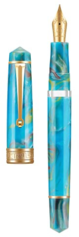 Asvine Kolbenfüllhalter P20, Seeblau, Harz, Iridium, extra feine Feder, Goldverzierung, glatte Schreibmaschinen-Kollektion mit Etui-Set