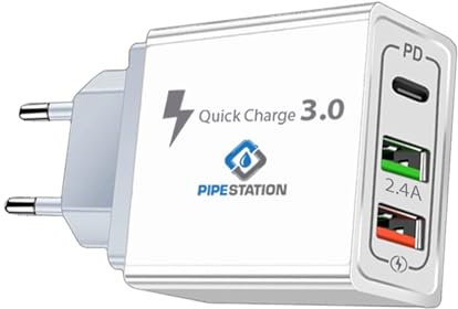 Pipestation® EU 2 Pin to Dual USB and PD Plug Travel Adapter Charger | Euro Wall Adaptor with 2 USB Ports and 1 USB-C Port | European Universal Power Charging compatible with iPhone Samsung Smartphone