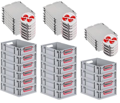 PROREGAL SuperSparSet 16x Eurobox NextGen Color mit Auflagedeckel & Schiebeschnappverschlüsse, HxBxT 12x30x40cm, 11L, Griffe rot offen, Glatter Boden, Eurobehälter Transportbox Transportbehälter